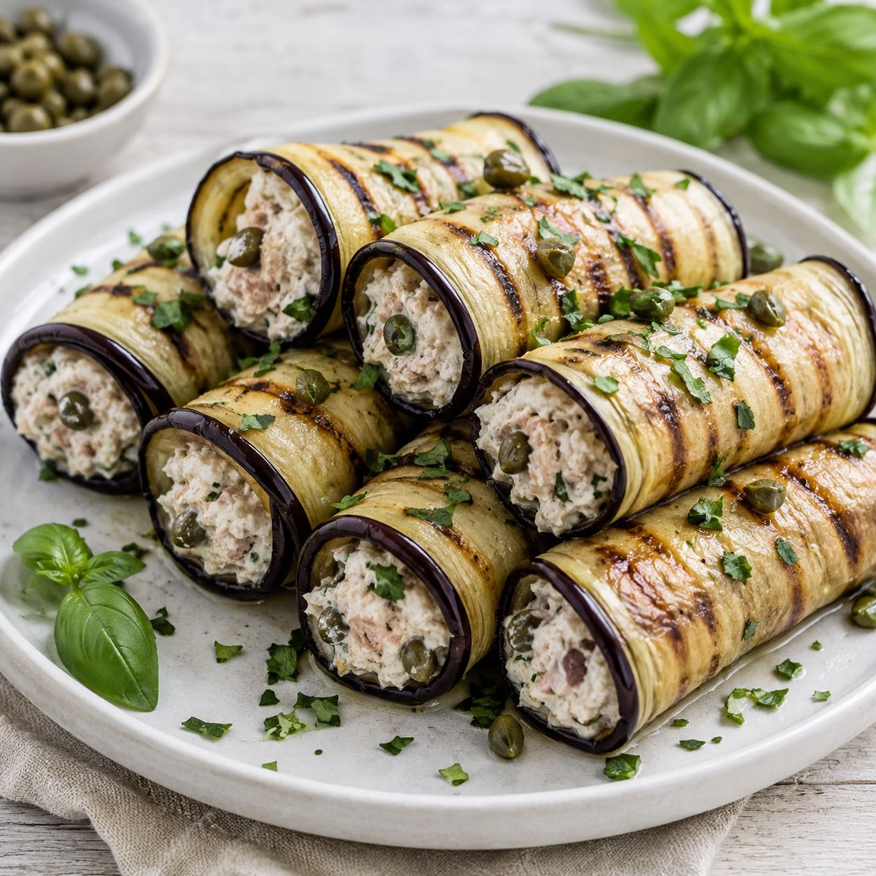 Involtini di melanzane con tonno ricotta e capperi
