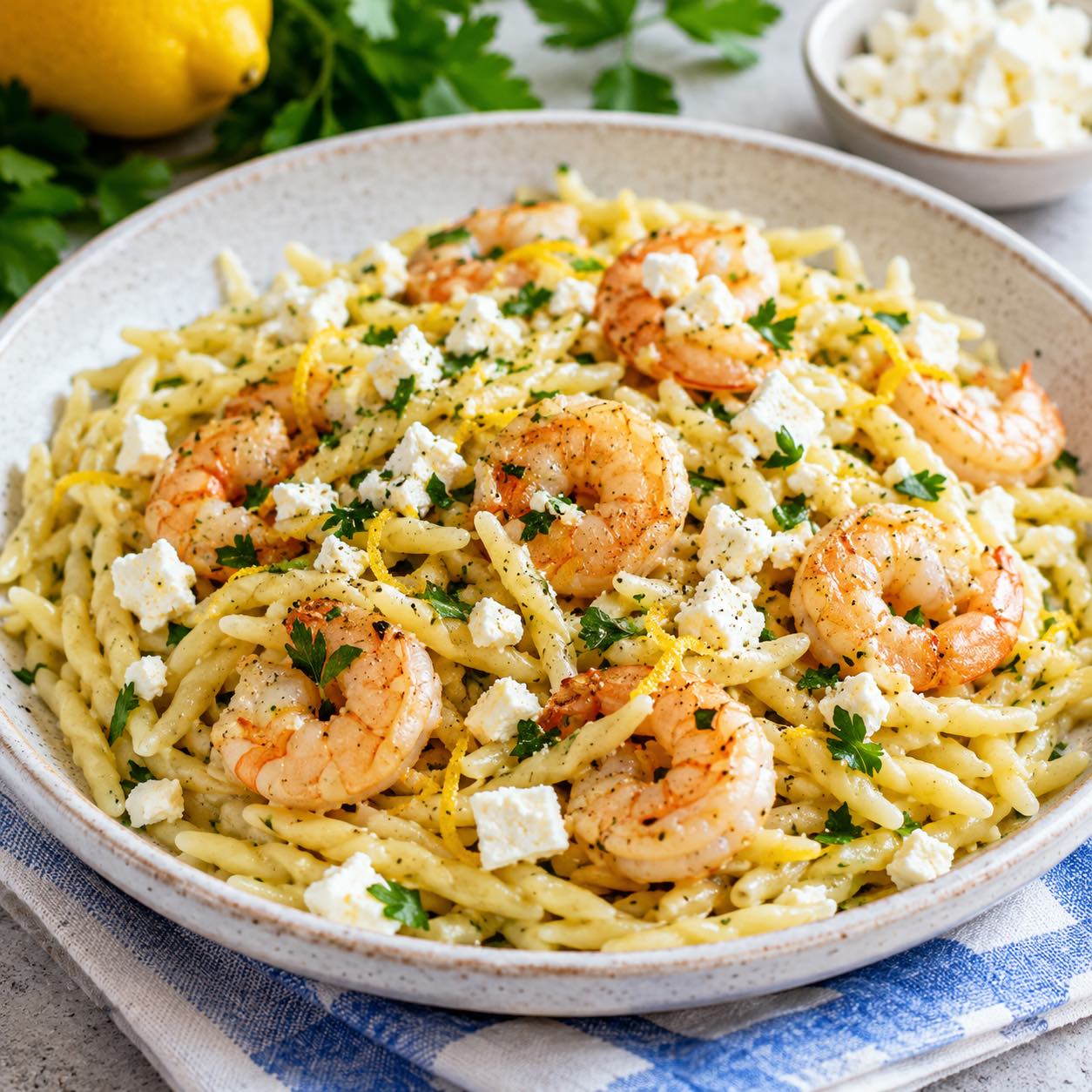 Trofie con gamberi e feta