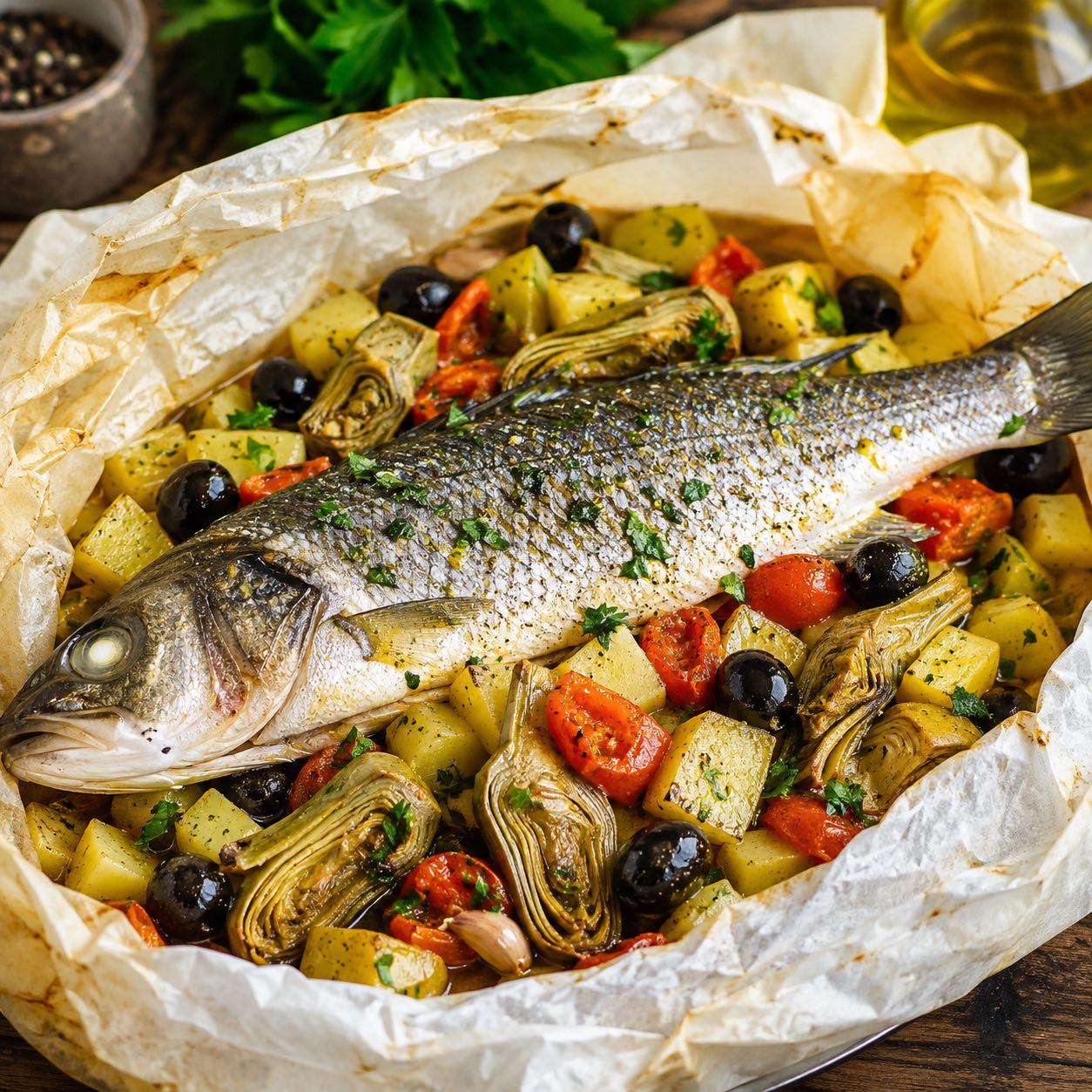 Spigola al cartoccio con carciofi